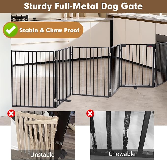 Metal Freestanding Dog Gates with Door,Extra Wide 24", 32" Height Foldable Dog Fence for Indoor & Outdoor, Heavy Duty Freestanding Pet Barrier for Stairs, Doorways, Halls, Kitchen,Yard,Christmas Tree