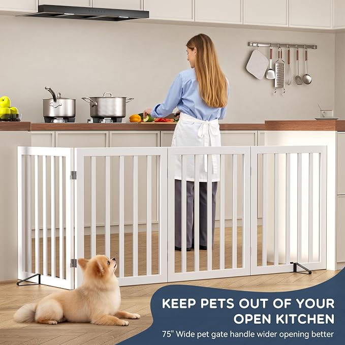 Homykic Bamboo Freestanding Dog Gate, No Assembly Pet Gate Indoor, 24”H x 75”W Extra Wide Foldable Puppy Barrier Fence with Support Feet for the House, Doorways Stairs, 4 Panels, No Drilling