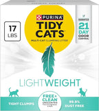 Purina Tidy Cats Low Dust Clumping Cat Litter, LightWeight Free & Clean Unscented, Multi Cat Litter - 17 lb. Box | Unscented, charcoal-powered formula offers 21-day odor control and tight, dust-free clumping.