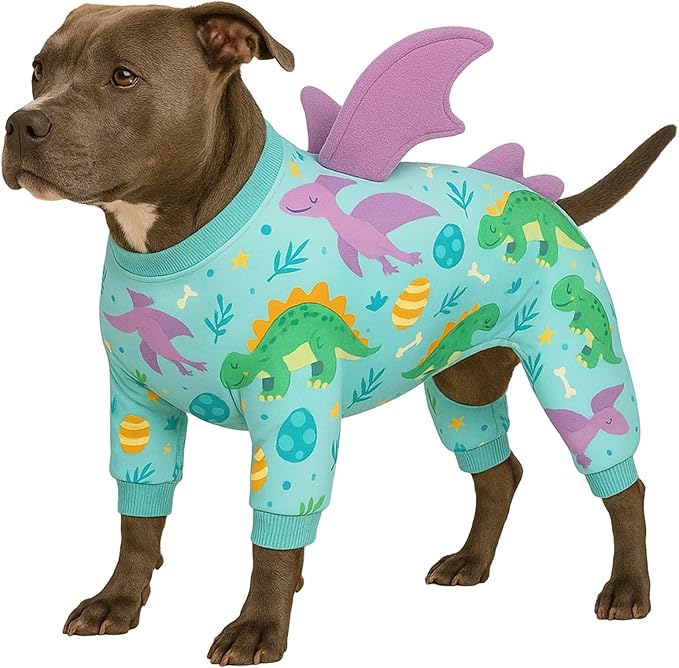 LovinPet Large Dog Pajamas, Four-Leg Stretch Onesie Bodysuit, Lightweight UV-Shielding Pajamas, Anti-Lick Calming Recovery Suit for Surgery, 3D Dino Wing Design with Soft Spikes， Blue Purple， XXL