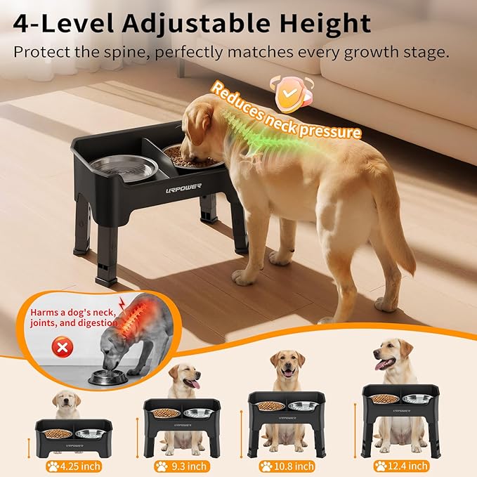 URPOWER Mess Proof Elevated Dog Bowls, Splash Guard Raised Bowl Stand | 4 Height Adjustable Raised Stand with 2 Stainless Steel Food Bowls & Licking Plate for Small, Medium & Large Dogs