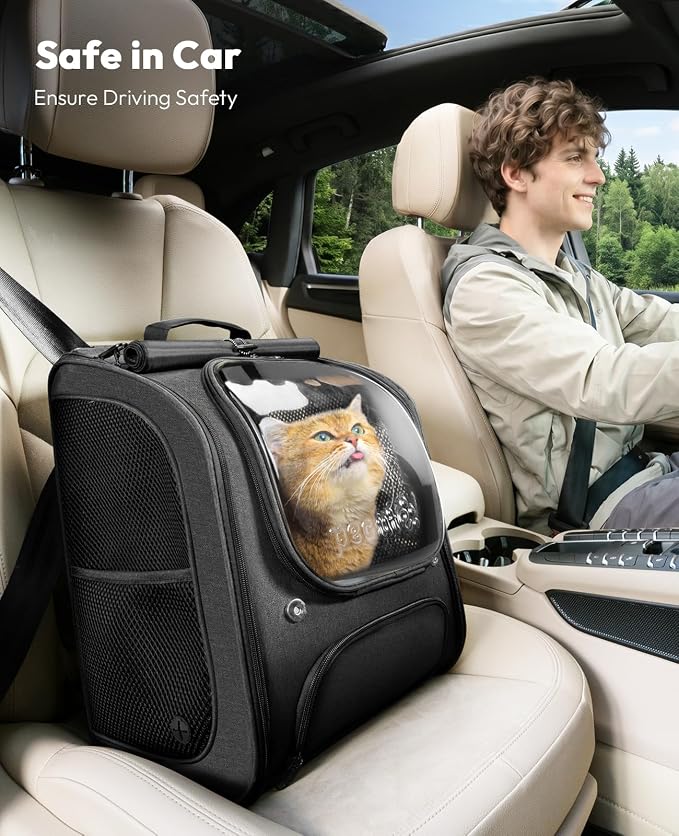 Pecute Cat Backpack Carrier,Large Space Dog Bubble Backpack,Ergonomic,Black | Bubble Transparent Window,Sunshade Curtain,Safety Rope,Sturdy,Large Mesh for Breathability,Suitable for Outdoor,Vet