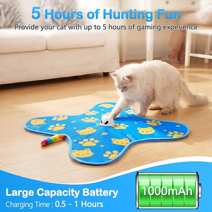 Interactive Cat Toys for Indoor Cats, Rechargeable Hide & Seek Toy | Touch Activated, 3 Speed Modes, Realistic Bird Chirps, 10-Min Auto Shutoff, Hidden Feather Wand for Bored Adult Cats, Blue