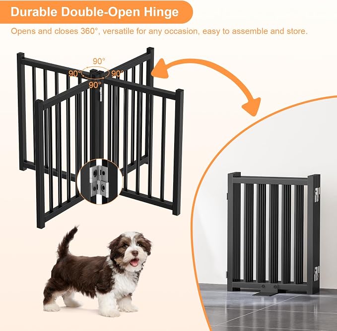 Snughome 2 Pack Short Dog Gate Indoor, 16" High Freestanding Small Dog Gates with Support Feet, Expand Up to 48’’ Wide Foldable Pet Gate for Doorway, 8 Panel Pet Door Pet Fence for Puppy, Black