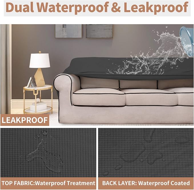 Easy-Going 100% Waterproof Couch Cover, 3 Cushion Oversized Sofa Cover | Leakproof Sofa Slipcover, Stretch Jacquard Furniture Protector Against Stain Spill from Kids, Pets, Dog, Dark Gray