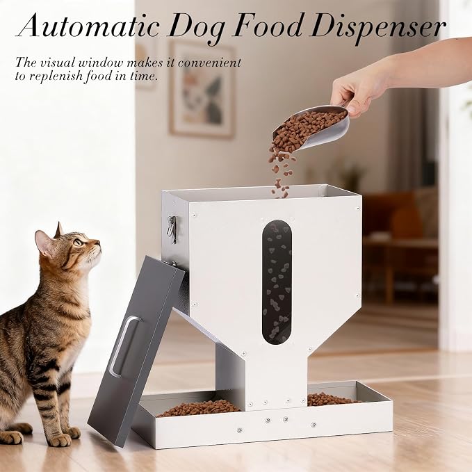 Automatic Cat Feeder 2 Cats Gravity Dual Cat Food Dispenser | Auto Dry Food Dispenser with Strong Anti-Jam System Galvanized Steel Pet Food Station Indoor & Outdoor Double Bowls