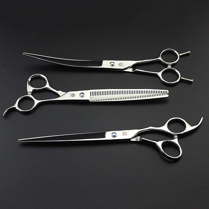 Purple Dragon 8.0 in Dog Grooming Scissors Set with Anti-Shock Bag - Silver | Japanese 440C Steel Pet Grooming Shears, Comfortable Grip, Includes Curved, Straight & Thinning Scissors with Silencer