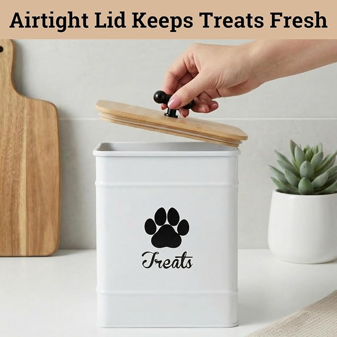 Dog Treat Container Airtight, 6"W x 8"H, Powder Coated, 12 Cup Capacity | Fits All Popular Treats, 12 Cup Capacity, Airtight Bamboo Lid, Easy Open Lid, Dent-Resistant Durable Metal Bone-Shaped Handle