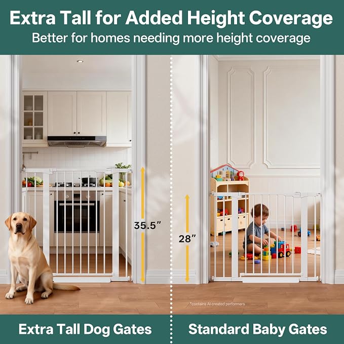 InnoTruth 27-36.6 in Wide x 35.5 in High Extra Tall Baby Gate, White | Indoor Metal Dog Gate for Stairs and Doorways, Auto Close Walk Through Door for Pets, Double Lock, Pressure or Hardware Mount
