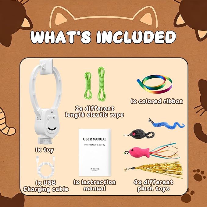 Automatic Interactive Cat Toy for Indoor Cats, Hanging Cat Toy | Door hanging design with 360° rotating motion, USB-C rechargeable and smart touch restart.