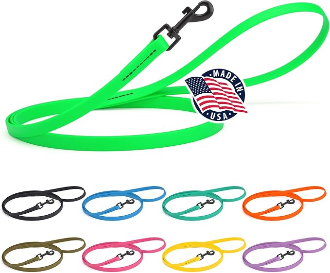 Dogline Biothane Waterproof Dog Leash Strong Coated Nylon Webbing with Black Hardware Odor-Proof Easy to Clean High Performance for Small or Large Dogs Made in USA 4 or 6 ft Lead, Tropical Green