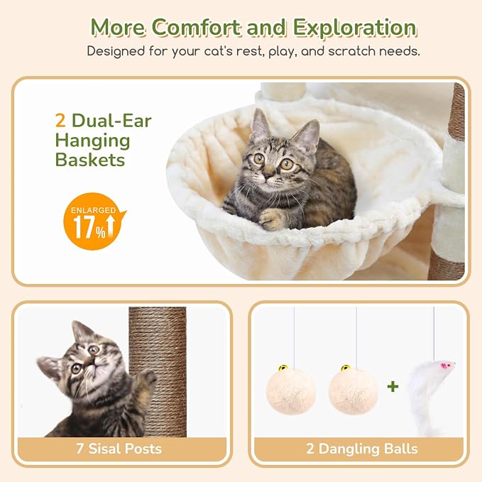 Globlazer Heavy Duty Cat Tree, 74in Sturdy Cat Tower for Large Cats Adult, Big Cat Tree with 7 Sisal Scratching Posts, 2 Padded Condos, 2 Dual-Ear Hanging Baskets, Enlarged Top Perch, S74, Beige