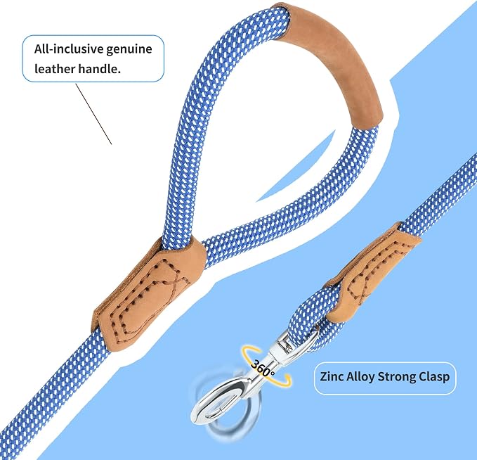 Mile High Life Dog Leash with Genuine Leather Handle, 6 FT/5 FT/4 FT | Leather Grip Rope Leash, Heavy Duty 360° Swivel Metal Clasp, for Small Medium & Large Dogs