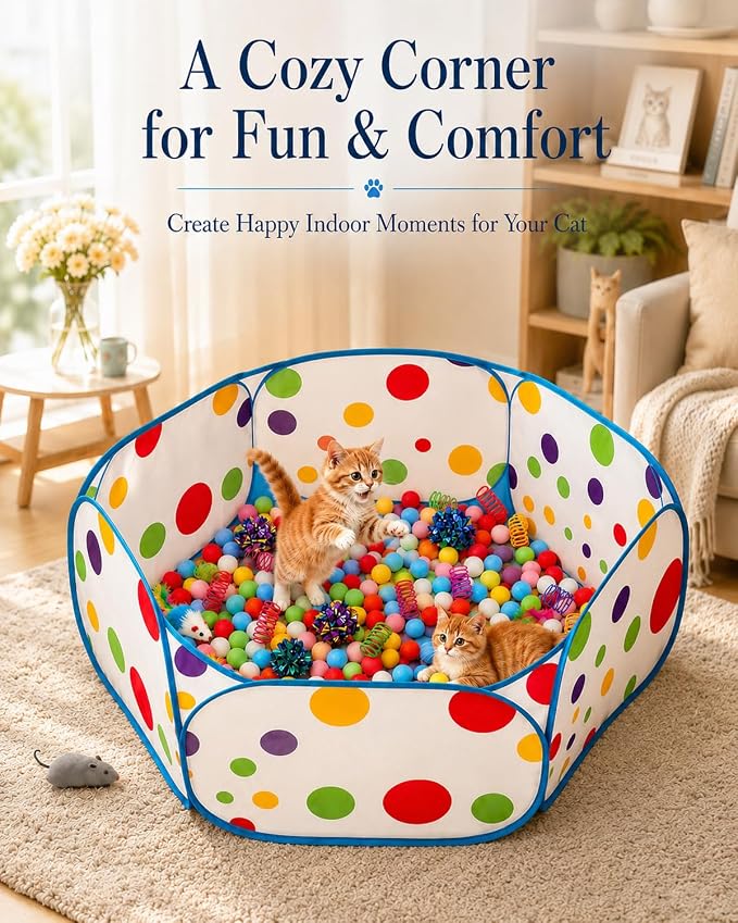 Cat Ball Pit with 227 Pcs Interactive Cat Toys, Enrichment Toys for Bored Indoor Cats Self Play, Include Pom Pom Balls Jingle and Crinkle Balls, Springs and Mice Toy for Kitten Fun and Exercise