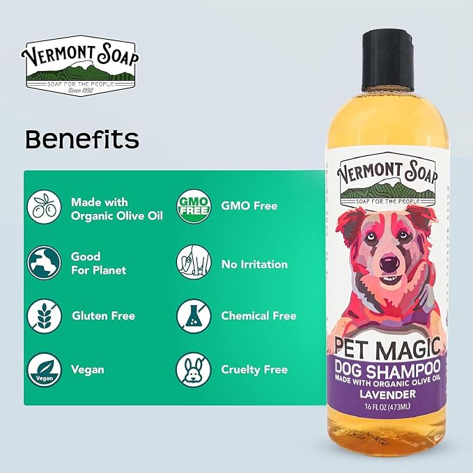 VERMONT SOAP Organic Pet Shampoo, Lavender Natural Dog Shampoo, 16 oz | Lavender scent, organic olive oil, coconut & aloe vera, soothing pet care, USDA Certified Organic, sensitive skin formula