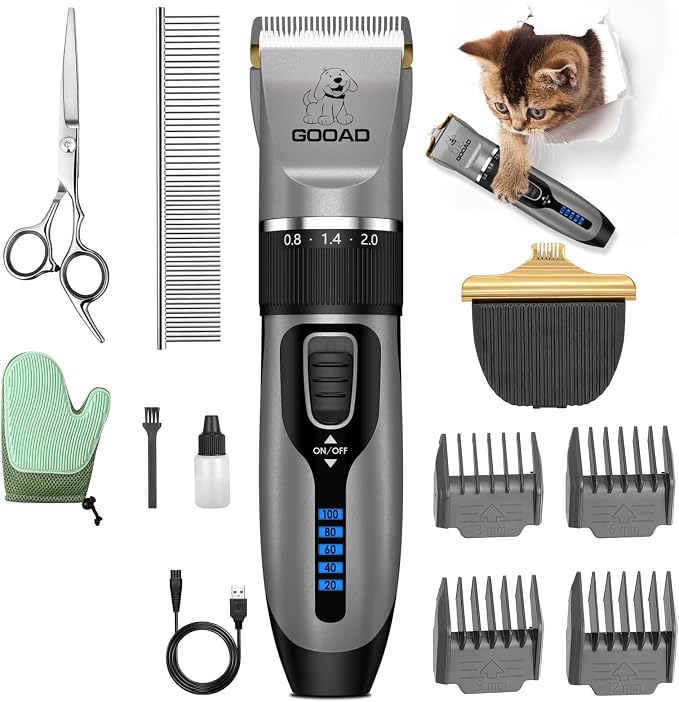 Quiet Cat Clippers & Cat Grooming Kit for Matted & Long Hair | 250Min Cordless Pet Shaver, Low Noise Pet Hair Trimmer for Grooming,2in1 Wide & Narrow Blades,4 Combs,Scissors & Glove(Gray)