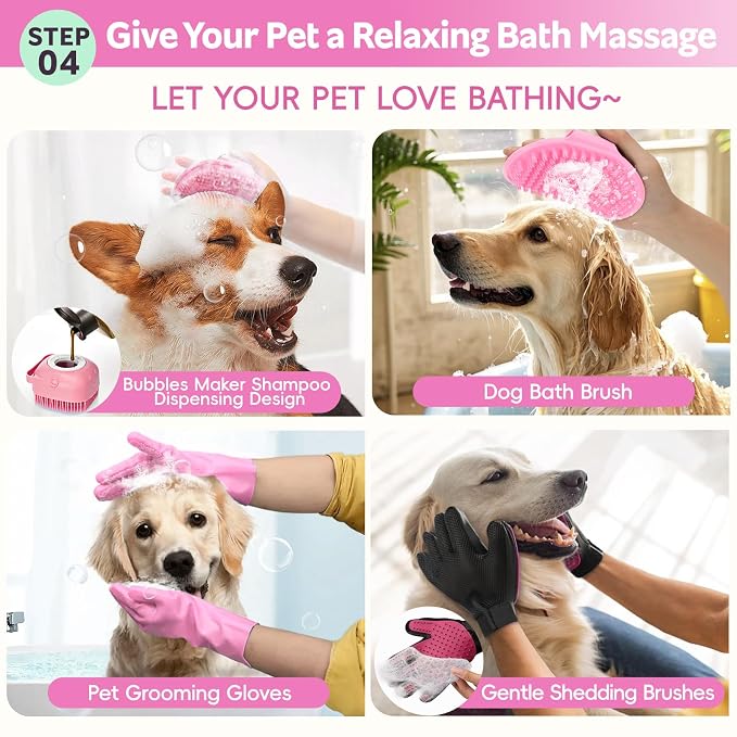 Dog Brush for Shedding 13pcs Bath Grooming Kit with Pet Nail Clipper and File - Dog Bath Brush Cat Grooming Supplies, Dematting Comb Bath Brush Shampoo Scrubber for Dogs and Cats