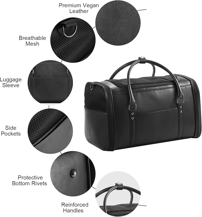 Stylish Leather Pet Carrier for Small Dogs and Cats Up to 15 lbs, Airline Approved Lightweight Travel Tote with Breathable Mesh and Shoulder Strap Black