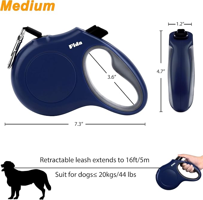 Fida Retractable Dog Leash with Dispenser and Poop Bags, 16 ft Pet Walking Leash for Medium Dog or Cat up to 44 lbs, Anti-Slip Handle, Tangle Free, Reflective Nylon Tape (M, Navy Blue)