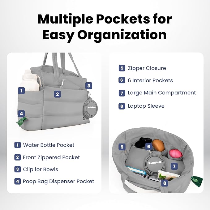 Rubyloo Puffer Dog Travel Bag for Dog Moms, Diaper Bag with Travel Bowls | 2 BPA-Free Collapsible Bowls, 2 Pet Food Containers, 9 Pockets, Everyday Puffer Bag Works With or Without Your Dog, Grey