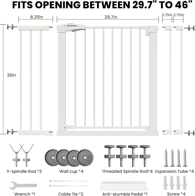 Mumeasy 29.7-46" Baby Gate, Stair Safety Gate for Round Banisters | Y spindle hardware, fits round banisters, no drill installation, auto close door, for babies toddlers and dogs