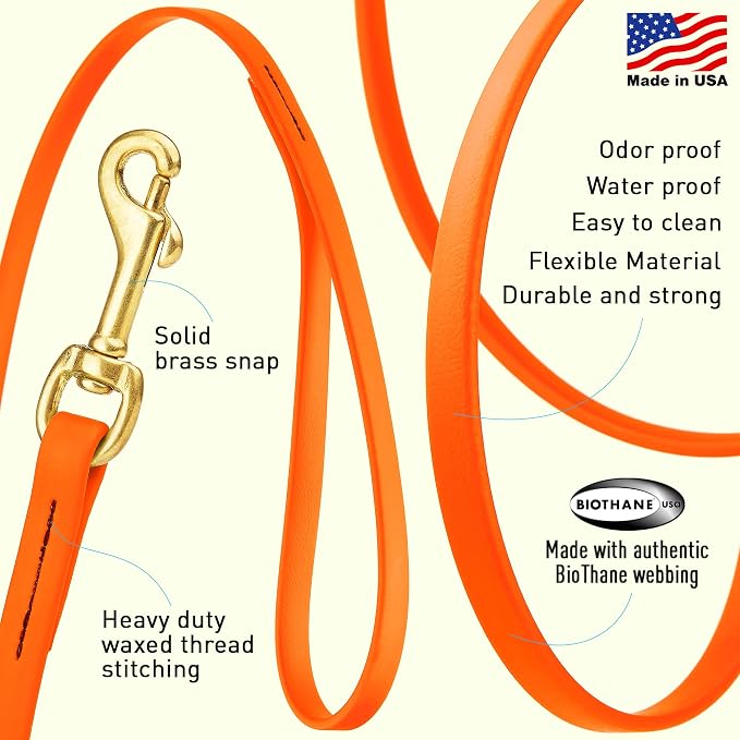Viper Biothane K9 Working Dog Leash Waterproof Lead for Tracking Training Schutzhund Odor-Proof Long Line with Solid Brass Snap for Puppy Medium and Large Dogs, 10ft Hunter Orange