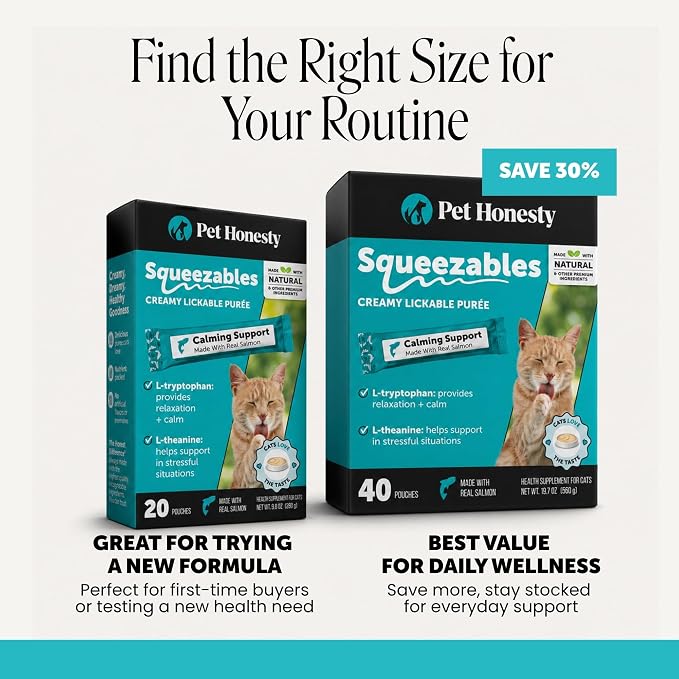 Pet Honesty Cat Lickable Treats with L-Theanine & Chamomile - Squeezable Puree Pouches for Cats - Behavior Support for Travel, Vet Visits, Grooming, & Separation (Salmon, 20 Ct)