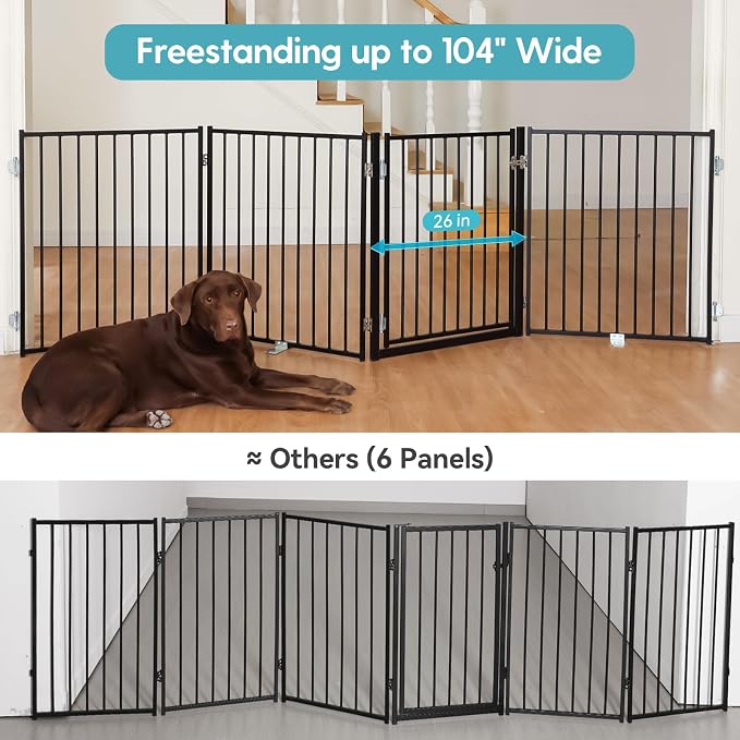 No Pawblems Full Metal Freestanding Dog Gate with Door, 30" Tall | Foldable Pet & Dog Fence for Stairs/Deck/Doorways, Indoor/Outdoor, Freestanding & Wall Mount, 104" Wide, 4 Panels, Black