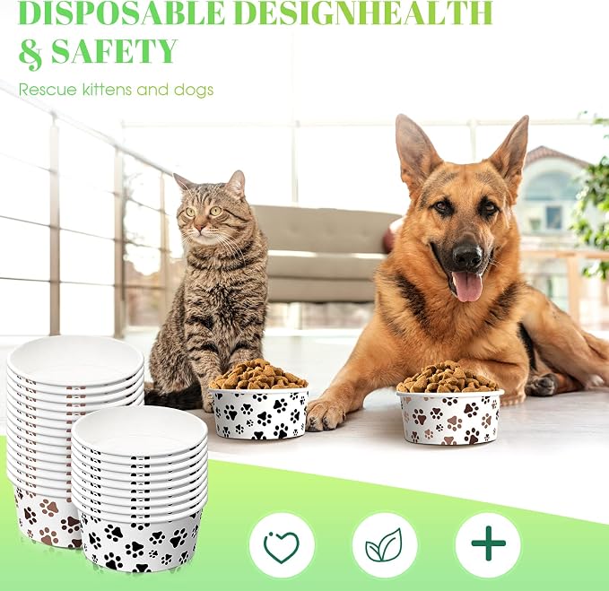 80 Packs Disposable Dog Bowls 12 Oz/1.5 Cup Pet Feeding Bowl for Small Dogs, Cats - Leakproof Paw Paper Pet Bowl for Wet Food, Water