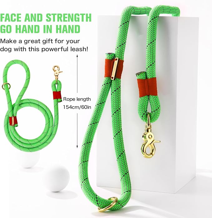Nylon Rope Dog Leash, Green, 5 FT - 3/5" | Reflective, Handmade Braided, Heavy Duty, For Medium Large Dogs