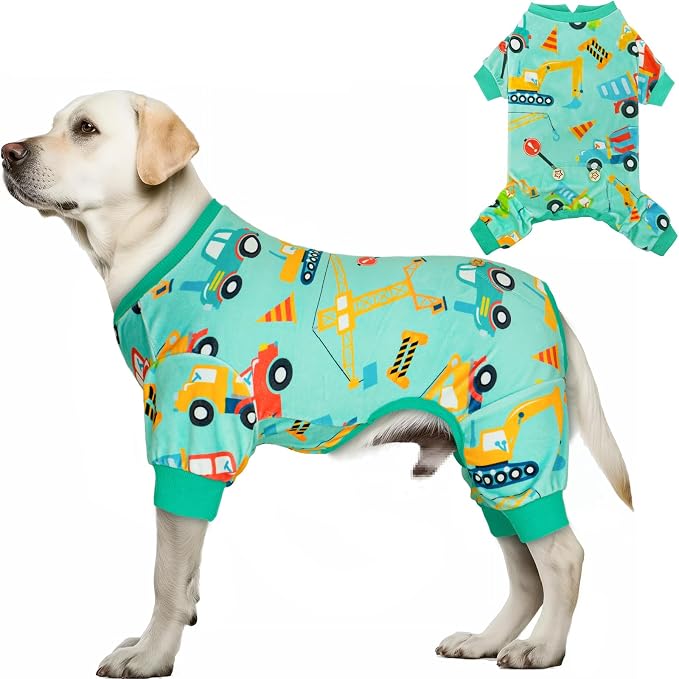KYEESE Dog Pajamas Velvet Dog Pajamas Medium Sized Dogs Soft Dogs Clothes Pjs with Construction Vehicles Pattern Stretchy Pet Jammies Coat Comfy Pet Onesie Costume, 2X-Large