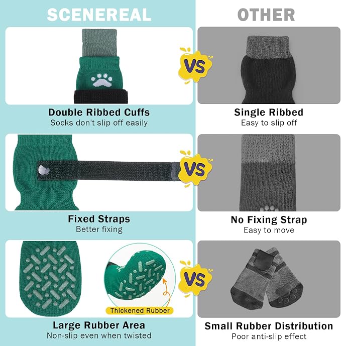 SCENEREAL Anti Slip Dog Socks to Prevent Licking Paws, Dog Shoes for Hot/Cold Pavement, Paw Protector Traction Control on Hardwood Floor, Dog Shoes Booties for Puppy Small Medium Large Senior Dogs