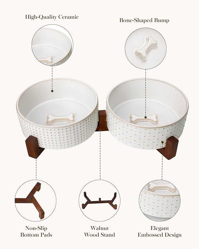 MALACASA Dog Bowl Set, Ceramic Bowls with Walnut Wood Stand, 6 Cups | Rhombic and polka dot design, non-slip base, for dogs, about 26% heavier than similar ceramic bowls