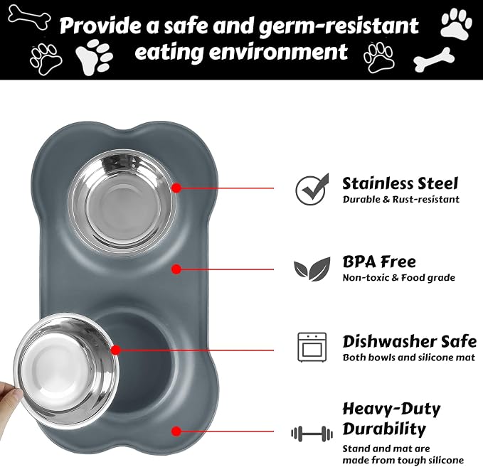 AsFrost Dog Food Bowls Stainless Steel Dog Food & Water Bowl Set with No Spill No Slip Silicone Mat, Dog Dishes for Small Medium Size Dogs Pet Cat Puppy Food Feeding Bowls, Grey, 24oz, 3 Cup