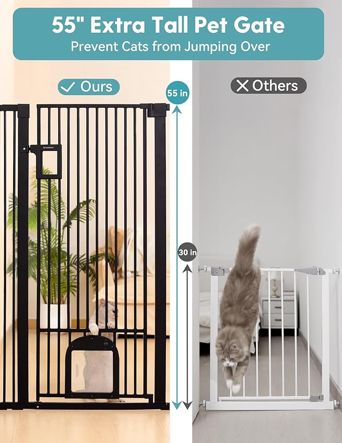 No Pawblems 55" Extra Tall Pet Gate with Cat Door, 29"-43" Dog Gate Indoor | NO Drilling Pressure Mounted for Doorways/Hallways, 1.37" Bar Spacing, One-handed Operation, Auto Close, Dual Lock, Black