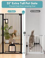 No Pawblems 55" Extra Tall Pet Gate with Cat Door, 29"-43" Dog Gate Indoor | NO Drilling Pressure Mounted for Doorways/Hallways, 1.37" Bar Spacing, One-handed Operation, Auto Close, Dual Lock, Black