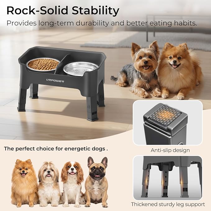 URPOWER Mess Proof Elevated Dog Bowls for Small Dogs with Splash Guard | 4 Height Adjustable Raised Stand with 2 Stainless Steel Food Bowls & Licking Plate for Small, Medium & Large Dogs