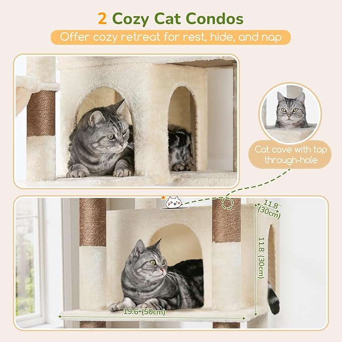 Globlazer Extra Large Cat Tree Tower 80in XXL Tall Cat Tree for Multiple Indoor Cats Large Adult Kittens with Scratching Posts, 2 Widened Perches, Adjustable Baskets, 2 Cozy Cat Condos, S80G, Beige