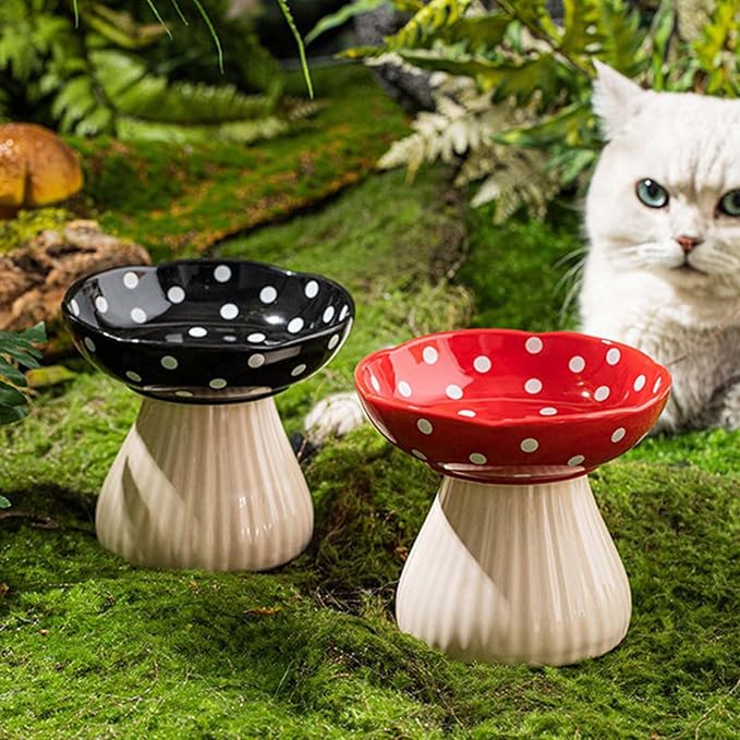 Mushroom Cat Bowl, Raised Ceramic Cat Food Dish for Whisker Fatigue, Forest Style Pet Water Bowl, Elevated Tilted Neck Protection Feeder for Indoor Cats & Small Dogs (Red & Black)