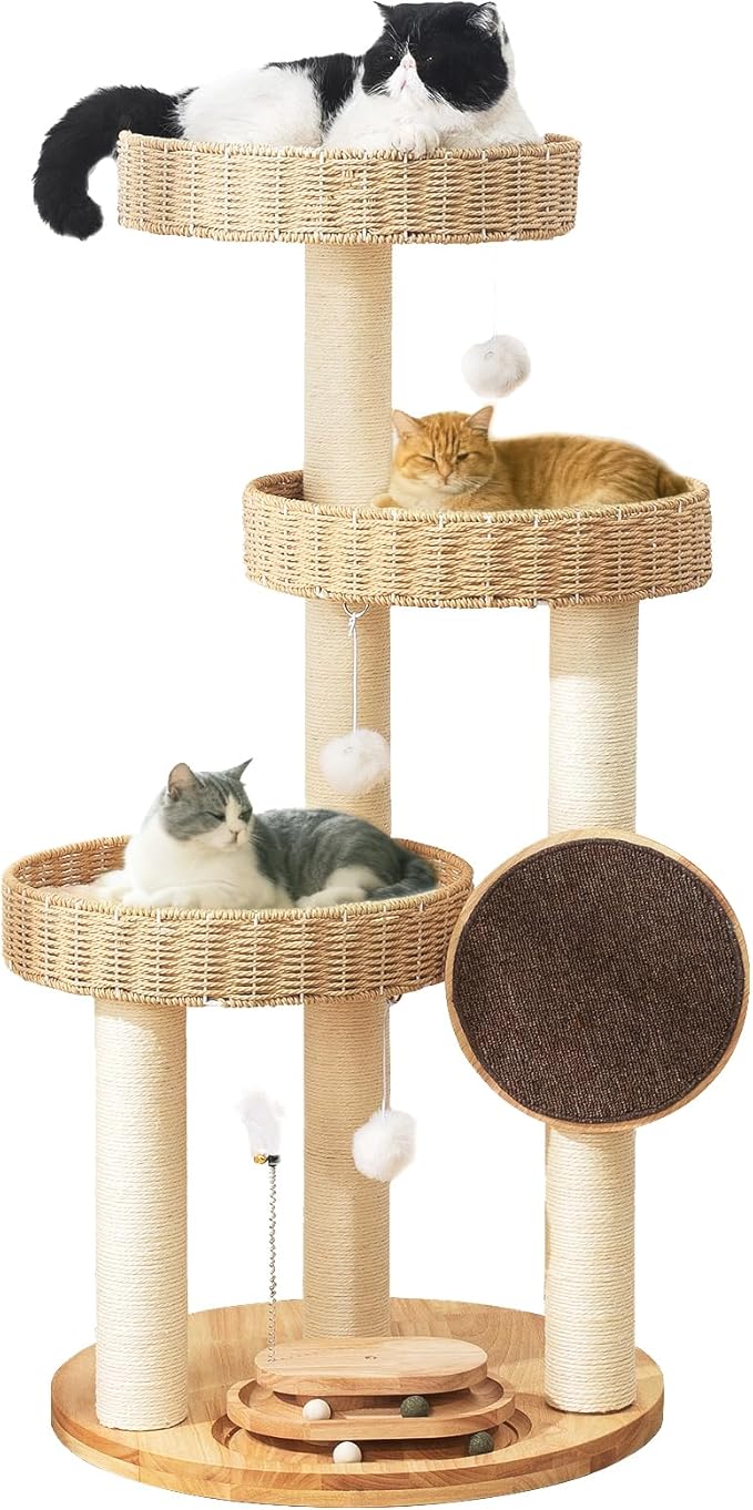 Solid Wood Cat Tree for Large Cats, 48-Inch Modern Cat Tower with Hand-Woven Baskets, Multi-Level Cat Condo with Sisal Scratching Posts, Sturdy Indoor Cat Furniture for Big Cats up to 20lbs