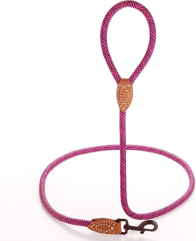 Mile High Life Dog Leash with Genuine Leather Connection, 6 FT/5 FT/4 FT | Rope Leash, Heavy Duty 360° Swivel Metal Clasp, for Small Medium & Large Dogs (Rose Red, 60 Inch)