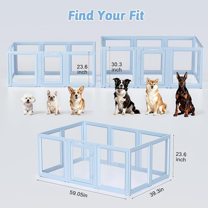 Acrylic Dog Playpen Indoor, Puppy Playpen, Acrylic Dog Pen, 10PCS | 23.6" H, Skin Pink, Purple & Sky Blue, Clear View, No-Gap Escape-Proof, Tool-Free Setup, For Puppies & Small Dogs