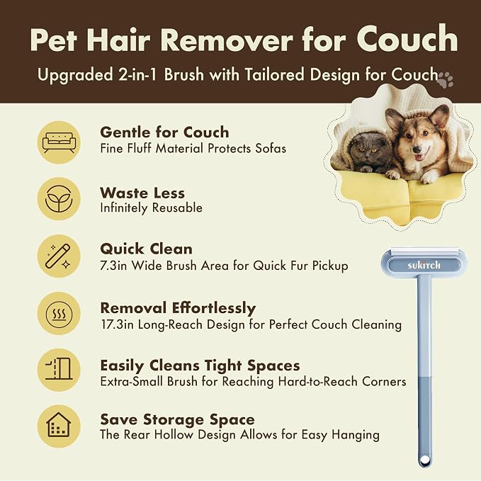 Dog & Cat Hair Remover for Couch, Reusable Lint Brush for Furniture | Multifunctional Fur Removal Tool, Reusable Design with No Refills Needed for Couch, Sofa, Bedding & Car Seats