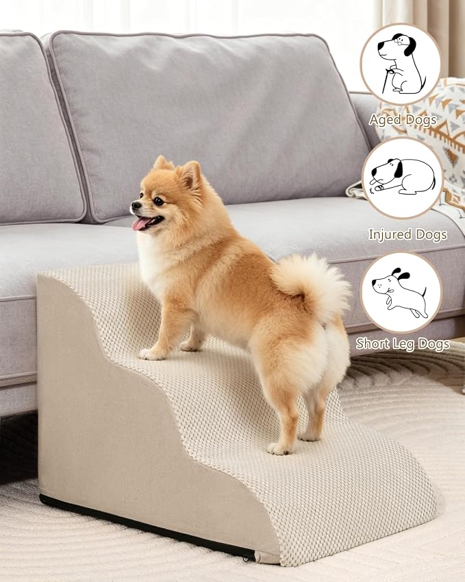 Aodisman Dog Stairs for Small Dogs,3 Step Dog Ramp for Couch,Non-Slip Steps | Pet stairs help small dogs, old cats, and puppies reach couches and chairs easily, durable indoor dog steps,15.4" H,Beige