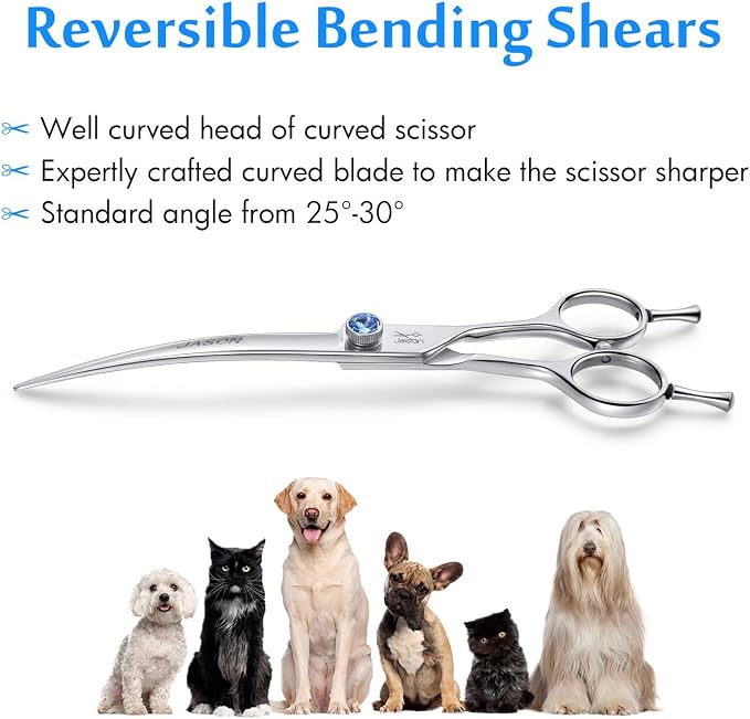 JASON Curved Dog Grooming Scissors - 7" Cats Trimming Shears Right Handed | Ergonomic Pets Shear with Offset Handle and a Jewelled Screw for Right Handed Groomers, Sharp, Comfortable, Gift