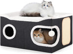 Shikha Extra Large Cat House Bed for Multi Cats with Scratch Pad Black | 24 x 17.7 x 12.6 IN Widen Cat Cave Cube for Multi Pets, Foldable, Arc-Edge Design, Oval Door, All Seasons Reversible Cushion