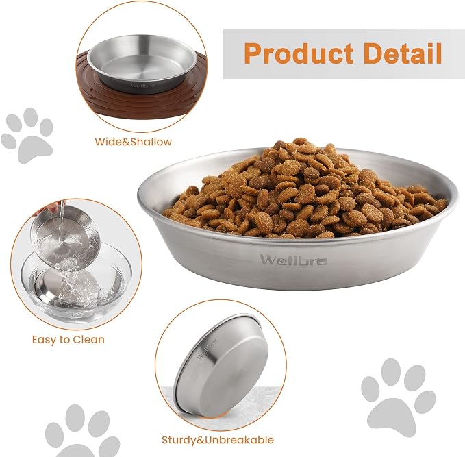 Cat Food Bowls, 2 Pcs Stainless Steel Cat Food and Water Bowls, Whisker Fatigue Shallow Cat Dishes, Small Dog Puppies Fat Faced Cat Kitten Supplies