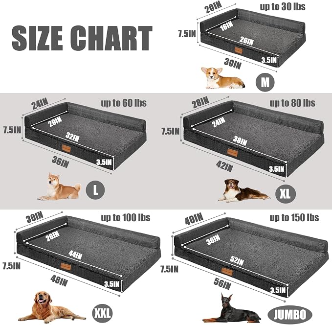Patas Lague Orthopedic Large Dog Bed Pet Sofa Beds 42''X28''Dark Grey | L Bolster Egg-Crate Foam Dog Couch For Large Sized Dogs, Waterproof Removable Washable Cover, Pet Mat with Nonskid Bottom