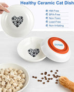 Ceramic Cat Bowl Whisker Friendly, Non-Slip Cat Food Bowls 3-Pack | Whisker Fatigue Cat Dishes, Shallow Wide Cat Plate, Lead-Free, Silicone Base, Microwave Dishwasher Safe, Wet Dry Food Water