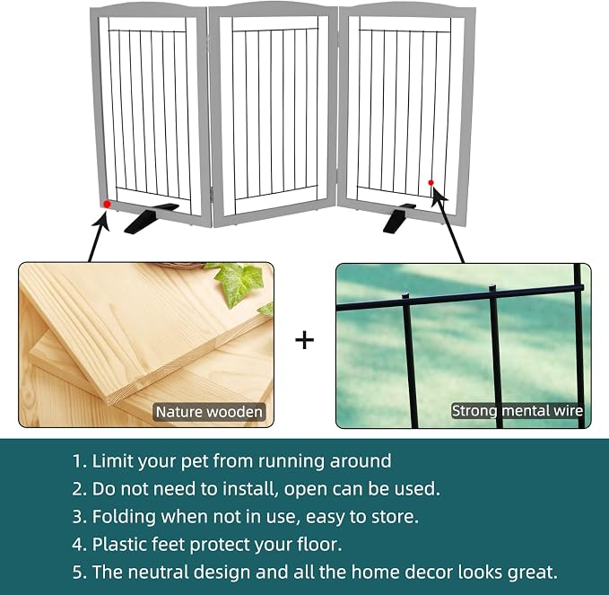 Dog Fence Indoor,Dog Gate Indoor for Doorway pet gate -3-Panel Freestanding, Hallways, House or Stairs -60x32-Inch Retractable Foldable Expandable Wood Pet by SFJC (Grey) ﻿